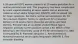 A 28-year-old G2P1 woman presents at 20 weeks gestation for a routine prenatal care visit. This pregnancy has been complicated by scant vaginal bleeding at seven weeks and an abnormal maternal serum alpha fetoprotein (MSAFP), with increased risk for Down syndrome, but had a normal amniocentesis: 46, XX. Her previous obstetric history is significant for a Cesarean delivery at 34 weeks due to placental abruption and fetal distress. Prenatal labs at six weeks showed blood type A negative, antibody screen positive: anti-D 1:64. Which of the following is the most likely cause of the Rh sensitization? A. ABO incompatibility B. Placental abruption C. Amniocentesis D. Abnormal maternal serum alpha fetoprotein (MSAFP) E. First trimester bleeding