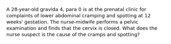 A 28-year-old gravida 4, para 0 is at the prenatal clinic for complaints of lower abdominal cramping and spotting at 12 weeks' gestation. The nurse-midwife performs a pelvic examination and finds that the cervix is closed. What does the nurse suspect is the cause of the cramps and spotting?