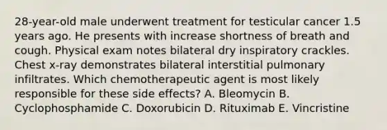 28-year-old male underwent treatment for testicular cancer 1.5 years ago. He presents with increase shortness of breath and cough. Physical exam notes bilateral dry inspiratory crackles. Chest x-ray demonstrates bilateral interstitial pulmonary infiltrates. Which chemotherapeutic agent is most likely responsible for these side effects? A. Bleomycin B. Cyclophosphamide C. Doxorubicin D. Rituximab E. Vincristine