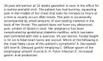 28-year-old woman at 32 weeks gestation is seen in the office for a routine prenatal visit. The patient has had burning, squeezing pain in the middle of her chest that lasts for minutes to hours at a time & usually occurs after meals. The pain is occasionally accompanied by small amounts of sour-tasting material in the back of her throat. The patient does not have any abdominal pain, emesis or blood in stool. Her pregnancy has been complicated by gestational diabetes mellitus, which has been well controlled with diet & exercise. VS are normal. Fundal height is 32 cm & fetal heart tones are normal. Which of the following is the most likely cause of this patient's symptoms? A. Decreased LES tone B. Delayed gastric emptying C. Diffuse spasm of the esophageal smooth muscle D. H. Pylori infection E. Increased gastric acid production