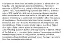 A 28-year-old woman at 39 weeks gestation is admitted to the hospital. She has regular uterine contractions. Her blood pressure is 120/70mmHg, pulse is 80/min and respirations are 18/min. Fetal heart monitoring is placed and shows a baseline rate of 130 beats/min, without any associated abnormalities. Pelvic examination shows the cervix is 50% effaced and 3 cm dilated. Amniotomy is performed. Immediately after the rupture of membranes, the baseline fetal heart rate increases to 160 beats/min and then drops to 70 beats/min with repetitive late decelerations. There is severe acute vaginal bleeding. Repeat vital signs of the patient shows a blood pressure of 130/70mmHg, pulse of 80/min and respirations of 18/min. Which of the following is the most likely cause of the current condition? Premature separation of the placenta Abnormal placental implantation Ruptured fetal umbilical vessel Excessive amniotic fluid Tear in uterine musculature