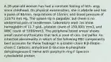 A 28-year-old woman has had a constant feeling of leth- argy since childhood. On physical examination, she is afebrile and has a pulse of 80/min, respirations of 15/min, and blood pressure of 110/70 mm Hg. The spleen tip is palpable, but there is no abdominal pain or tenderness. Laboratory stud- ies show hemoglobin of 11.7 g/dL, platelet count of 159,000/ mm3, and WBC count of 5390/mm3. The peripheral blood smear shows small round erythrocytes that lack a zone of cen- tral pallor. An inherited abnormality in which of the following RBC components best accounts for these findings? A α-Globin chain B β-Globin chain C Carbonic anhydrase D Glucose-6-phosphate dehydrogenase E Heme with porphyrin ring F Spectrin cytoskeletal protein