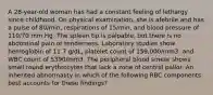 A 28-year-old woman has had a constant feeling of lethargy since childhood. On physical examination, she is afebrile and has a pulse of 80/min, respirations of 15/min, and blood pressure of 110/70 mm Hg. The spleen tip is palpable, but there is no abdominal pain or tenderness. Laboratory studies show hemoglobin of 11.7 g/dL, platelet count of 159,000/mm3, and WBC count of 5390/mm3. The peripheral blood smear shows small round erythrocytes that lack a zone of central pallor. An inherited abnormality in which of the following RBC components best accounts for these findings?