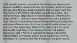 A 28-year-old woman is rushed to the emergency department because of diffuse abdominal pain, tachycardia, and tachypnea. She says that the pain began suddenly and has worsened. She has a history of smoking cigarettes, binging on alcohol, and taking relatively large doses of nonsteroidal anti-inflammatory drugs (NSAIDs). She has a past medical history of a duodenal ulcer. Physical examination shows diffuse abdominal tenderness and rebound tenderness. An X-ray is ordered which shows free gas under the diaphragm. Which of the following is the most appropriate next step in the management of this patient? Elimination tool A Ask for a nutritionist consult B Prescribe metronidazole C Prescribe proton pump inhibitors D Refer to psychiatry for factitious disorder E Request a surgical consult