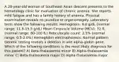 A 28-year-old woman of Southeast Asian descent presents to the hematology clinic for evaluation of chronic anemia. She reports mild fatigue and has a family history of anemia. Physical examination reveals no jaundice or organomegaly. Laboratory tests show the following results: Hemoglobin: 9.0 g/dL (normal range: 11.5-15.5 g/dL) Mean Corpuscle Volume (MCV): 72 fL (normal range: 80-100 fL) Reticulocyte count: 2.5% (normal range: 0.5-2.0%) Hemoglobin electrophoresis: Normal pattern Genetic testing reveals a deletion in one alpha-globin gene. Which of the following conditions is the most likely diagnosis for this patient? A) Beta-thalassemia minor B) Alpha-thalassemia minor C) Beta-thalassemia major D) Alpha-thalassemia major