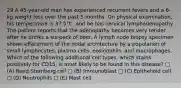 29 A 45-year-old man has experienced recurrent fevers and a 6-kg weight loss over the past 5 months. On physical examination, his temperature is 37.5°C, and he has cervical lymphadenopathy. The patient reports that the adenopathy becomes very tender after he drinks a six-pack of beer. A lymph node biopsy specimen shows effacement of the nodal architecture by a population of small lymphocytes, plasma cells, eosinophils, and macrophages. Which of the following additional cell types, which stains positively for CD15, is most likely to be found in this disease? □ (A) Reed-Sternberg cell □ (B) Immunoblast □ (C) Epithelioid cell □ (D) Neutrophils □ (E) Mast cell