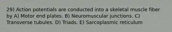 29) Action potentials are conducted into a skeletal muscle fiber by A) Motor end plates. B) Neuromuscular junctions. C) Transverse tubules. D) Triads. E) Sarcoplasmic reticulum