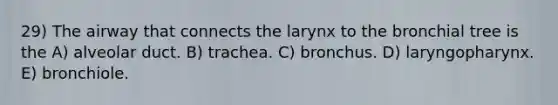 29) The airway that connects the larynx to the bronchial tree is the A) alveolar duct. B) trachea. C) bronchus. D) laryngopharynx. E) bronchiole.