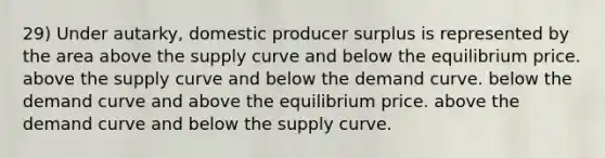 29) Under autarky, domestic producer surplus is represented by the area above the supply curve and below the equilibrium price. above the supply curve and below the demand curve. below the demand curve and above the equilibrium price. above the demand curve and below the supply curve.