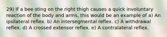 29) If a bee sting on the right thigh causes a quick involuntary reaction of the body and arms, this would be an example of a) An ipsilateral reflex. b) An intersegmental reflex. c) A withdrawal reflex. d) A crossed extensor reflex. e) A contralateral reflex.