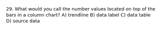 29. What would you call the number values located on top of the bars in a column chart? A) trendline B) data label C) data table D) source data