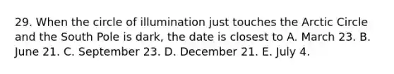 29. When the circle of illumination just touches the Arctic Circle and the South Pole is dark, the date is closest to A. March 23. B. June 21. C. September 23. D. December 21. E. July 4.