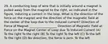 29. A conducting loop of wire that is initially around a magnet is pulled away from the magnet to the right, as indicated in the figure, inducing a current in the loop. What is the direction of the force on the magnet and the direction of the magnetic field at the center of the loop due to the induced current? Direction of Force of Magnet __________________ Direction of Magnetic Field at Force on the Magnet Center of Loop due To Induced Current (A) To the right To the right (B) To the right To the left (C) To the left To the right (D) No direction; the force is zero. To the left