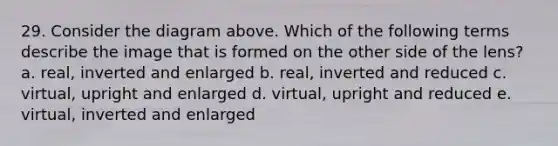 29. Consider the diagram above. Which of the following terms describe the image that is formed on the other side of the lens? a. real, inverted and enlarged b. real, inverted and reduced c. virtual, upright and enlarged d. virtual, upright and reduced e. virtual, inverted and enlarged