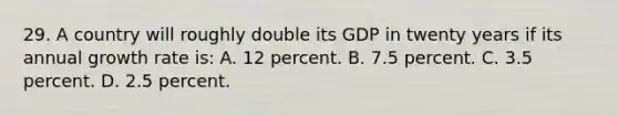 29. A country will roughly double its GDP in twenty years if its annual growth rate is: A. 12 percent. B. 7.5 percent. C. 3.5 percent. D. 2.5 percent.