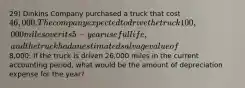 29) Dinkins Company purchased a truck that cost 46,000. The company expected to drive the truck 100,000 miles over its 5-year useful life, and the truck had an estimated salvage value of8,000. If the truck is driven 26,000 miles in the current accounting period, what would be the amount of depreciation expense for the year?