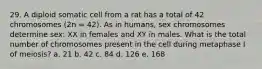 29. A diploid somatic cell from a rat has a total of 42 chromosomes (2n = 42). As in humans, sex chromosomes determine sex: XX in females and XY in males. What is the total number of chromosomes present in the cell during metaphase I of meiosis? a. 21 b. 42 c. 84 d. 126 e. 168