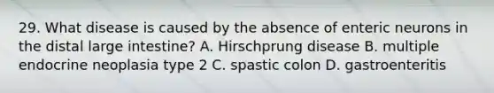 29. What disease is caused by the absence of enteric neurons in the distal <a href='https://www.questionai.com/knowledge/kGQjby07OK-large-intestine' class='anchor-knowledge'>large intestine</a>? A. Hirschprung disease B. multiple endocrine neoplasia type 2 C. spastic colon D. gastroenteritis