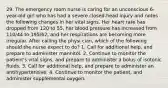 29. The emergency room nurse is caring for an unconscious 6-year-old girl who has had a severe closed-head injury and notes the following changes in her vital signs. Her heart rate has dropped from 120 to 55, her blood pressure has increased from 110/44 to 195/62, and her respirations are becoming more irregular. After calling the physi cian, which of the following should the nurse expect to do? 1. Call for additional help, and prepare to administer mannitol. 2. Continue to monitor the patient's vital signs, and prepare to administer a bolus of isotonic fluids. 3. Call for additional help, and prepare to administer an antihypertensive. 4. Continue to monitor the patient, and administer supplemental oxygen.