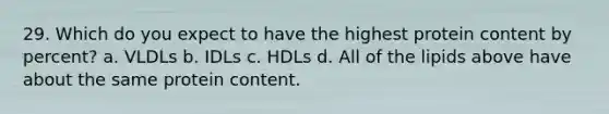 29. Which do you expect to have the highest protein content by percent? a. VLDLs b. IDLs c. HDLs d. All of the lipids above have about the same protein content.