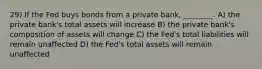 29) If the Fed buys bonds from a private bank, ________. A) the private bank's total assets will increase B) the private bank's composition of assets will change C) the Fed's total liabilities will remain unaffected D) the Fed's total assets will remain unaffected