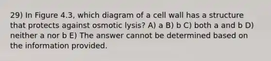 29) In Figure 4.3, which diagram of a cell wall has a structure that protects against osmotic lysis? A) a B) b C) both a and b D) neither a nor b E) The answer cannot be determined based on the information provided.