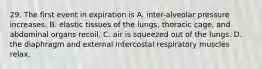 29. The first event in expiration is A. inter-alveolar pressure increases. B. elastic tissues of the lungs, thoracic cage, and abdominal organs recoil. C. air is squeezed out of the lungs. D. the diaphragm and external intercostal respiratory muscles relax.