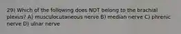 29) Which of the following does NOT belong to the brachial plexus? A) musculocutaneous nerve B) median nerve C) phrenic nerve D) ulnar nerve