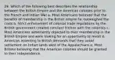 29. Which of the following best describes the relationship between the British Empire and the American colonies prior to the French and Indian War a. Most Americans believed that the benefits of membership in the British empire far outweighed the costs b. Strict enforcement of colonial trade regulations by the British government created constant friction with the colonists c. Most Americans vehemently objected to their membership in the British Empire and were looking for an opportunity to revolt d. American assenting to British demands that they avoid settlement on Indian lands west of the Appalachians e. Most Britons believing that the American colonies should be granted to their independence