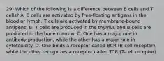 29) Which of the following is a difference between B cells and T cells? A. B cells are activated by free-floating antigens in the blood or lymph. T cells are activated by membrane-bound antigens. B. T cells are produced in the thymus and B cells are produced in the bone marrow. C. One has a major role in antibody production, while the other has a major role in cytotoxicity. D. One binds a receptor called BCR (B-cell receptor), while the other recognizes a receptor called TCR (T-cell receptor).