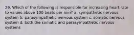 29. Which of the following is responsible for increasing heart rate to values above 100 beats per min? a. sympathetic nervous system b. parasympathetic nervous system c. somatic nervous system d. both the somatic and parasympathetic nervous systems