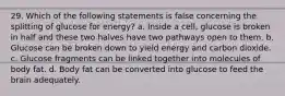 29. Which of the following statements is false concerning the splitting of glucose for energy? a. Inside a cell, glucose is broken in half and these two halves have two pathways open to them. b. Glucose can be broken down to yield energy and carbon dioxide. c. Glucose fragments can be linked together into molecules of body fat. d. Body fat can be converted into glucose to feed the brain adequately.