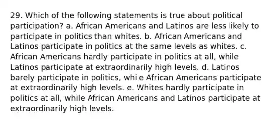 29. Which of the following statements is true about political participation? a. African Americans and Latinos are less likely to participate in politics than whites. b. African Americans and Latinos participate in politics at the same levels as whites. c. African Americans hardly participate in politics at all, while Latinos participate at extraordinarily high levels. d. Latinos barely participate in politics, while African Americans participate at extraordinarily high levels. e. Whites hardly participate in politics at all, while African Americans and Latinos participate at extraordinarily high levels.