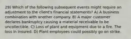 29) Which of the following subsequent events might require an adjustment to the client's financial statements? A) A business combination with another company. B) A major customer declares bankruptcy causing a material receivable to be uncollectible. C) Loss of plant and equipment due to a fire. The loss in insured. D) Plant employees could possibly go on strike.