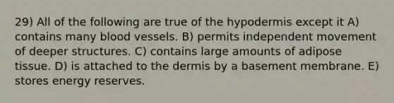 29) All of the following are true of the hypodermis except it A) contains many blood vessels. B) permits independent movement of deeper structures. C) contains large amounts of adipose tissue. D) is attached to the dermis by a basement membrane. E) stores energy reserves.