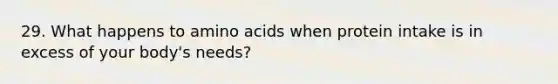 29. What happens to amino acids when protein intake is in excess of your body's needs?