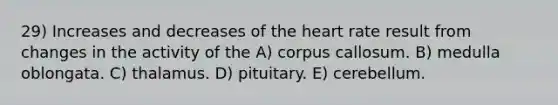 29) Increases and decreases of the heart rate result from changes in the activity of the A) corpus callosum. B) medulla oblongata. C) thalamus. D) pituitary. E) cerebellum.