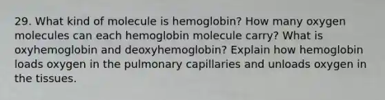 29. What kind of molecule is hemoglobin? How many oxygen molecules can each hemoglobin molecule carry? What is oxyhemoglobin and deoxyhemoglobin? Explain how hemoglobin loads oxygen in the pulmonary capillaries and unloads oxygen in the tissues.