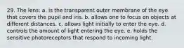 29. The lens: a. is the transparent outer membrane of the eye that covers the pupil and iris. b. allows one to focus on objects at different distances. c. allows light initially to enter the eye. d. controls the amount of light entering the eye. e. holds the sensitive photoreceptors that respond to incoming light.