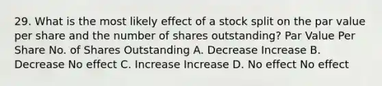 29. What is the most likely effect of a stock split on the par value per share and the number of shares outstanding? Par Value Per Share No. of Shares Outstanding A. Decrease Increase B. Decrease No effect C. Increase Increase D. No effect No effect