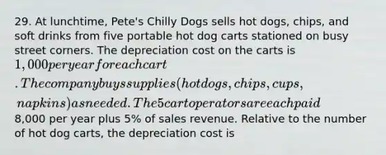 29. At lunchtime, Pete's Chilly Dogs sells hot dogs, chips, and soft drinks from five portable hot dog carts stationed on busy street corners. The depreciation cost on the carts is 1,000 per year for each cart. The company buys supplies (hot dogs, chips, cups, napkins) as needed. The 5 cart operators are each paid8,000 per year plus 5% of sales revenue. Relative to the number of hot dog carts, the depreciation cost is