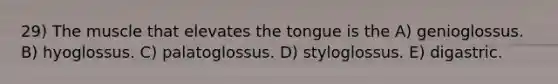 29) The muscle that elevates the tongue is the A) genioglossus. B) hyoglossus. C) palatoglossus. D) styloglossus. E) digastric.