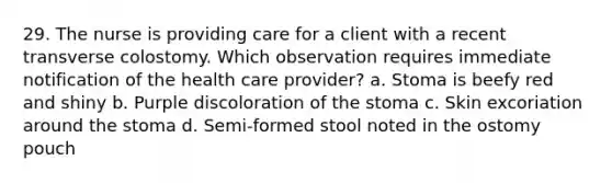 29. The nurse is providing care for a client with a recent transverse colostomy. Which observation requires immediate notification of the health care provider? a. Stoma is beefy red and shiny b. Purple discoloration of the stoma c. Skin excoriation around the stoma d. Semi-formed stool noted in the ostomy pouch