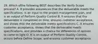 29. Which ofthe following BEST describes the Verify Scope process? A. It provides assurances that the deliverable meets the specifications, is an input to the project management plan, and is an output of Perform Quality Control B. It ensures that the deliverable is completed on time, ensures customer acceptance, and shows that the deliverable meets specifications C. It ensures customer acceptance, shows that the deliverable meets specifications, and provides a chance for differences of opinion to come to light D. It is an output of Perform Quality Control, occurs before Define Scope, and ensures customer acceptance