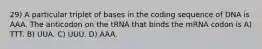 29) A particular triplet of bases in the coding sequence of DNA is AAA. The anticodon on the tRNA that binds the mRNA codon is A) TTT. B) UUA. C) UUU. D) AAA.