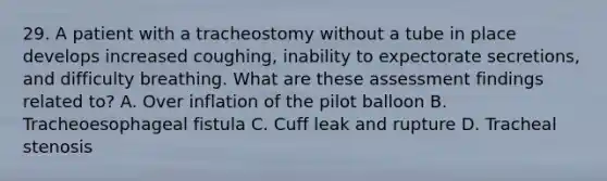 29. A patient with a tracheostomy without a tube in place develops increased coughing, inability to expectorate secretions, and difficulty breathing. What are these assessment findings related to? A. Over inflation of the pilot balloon B. Tracheoesophageal fistula C. Cuff leak and rupture D. Tracheal stenosis