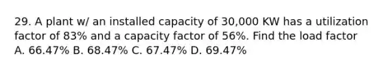 29. A plant w/ an installed capacity of 30,000 KW has a utilization factor of 83% and a capacity factor of 56%. Find the load factor A. 66.47% B. 68.47% C. 67.47% D. 69.47%