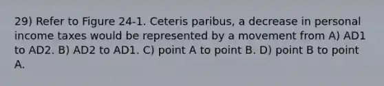 29) Refer to Figure 24-1. Ceteris paribus, a decrease in personal income taxes would be represented by a movement from A) AD1 to AD2. B) AD2 to AD1. C) point A to point B. D) point B to point A.