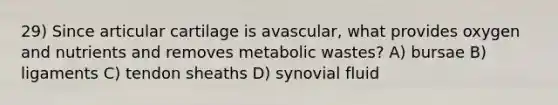 29) Since articular cartilage is avascular, what provides oxygen and nutrients and removes metabolic wastes? A) bursae B) ligaments C) tendon sheaths D) synovial fluid