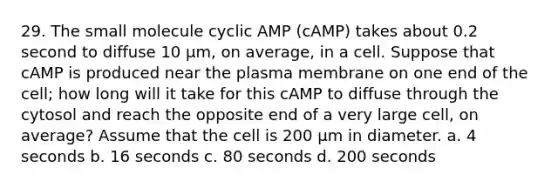 29. The small molecule cyclic AMP (cAMP) takes about 0.2 second to diffuse 10 μm, on average, in a cell. Suppose that cAMP is produced near the plasma membrane on one end of the cell; how long will it take for this cAMP to diffuse through the cytosol and reach the opposite end of a very large cell, on average? Assume that the cell is 200 μm in diameter. a. 4 seconds b. 16 seconds c. 80 seconds d. 200 seconds